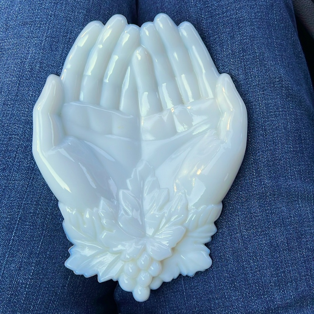 Vintage milk glass dish with pair of hands